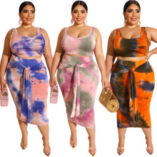 2021 Women summer fashionable crop top and bodycon midi skirt tie dye 2 two piece pants set women's plus size clothing